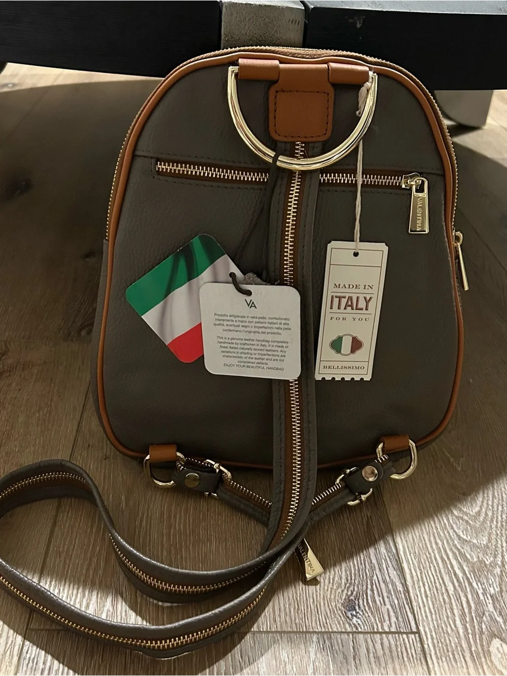 Women's Brown Grey Leather Backpack Purse